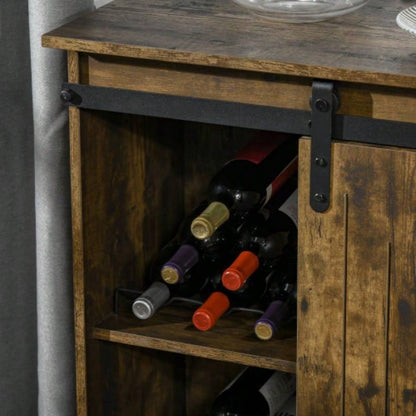 HOMCOM Industrial Wine Cabinet, Sideboard Storage Cabinet, Serving Bar Buffet with Sliding Barn Door and 6 - Bottle Wine Rack, Brown