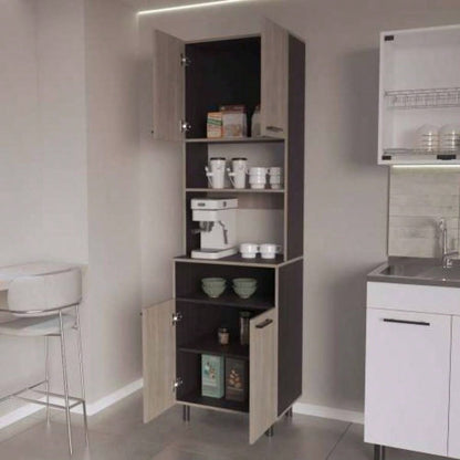 White Oak and Wengue Kitchen Pantry with Open Storage and 4 Doors