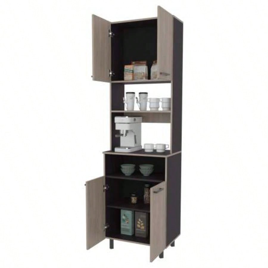 White Oak and Wengue Kitchen Pantry with Open Storage and 4 Doors