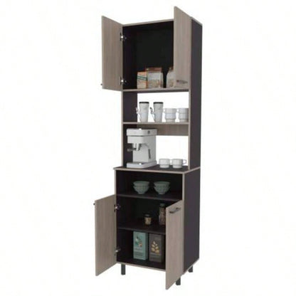 White Oak and Wengue Kitchen Pantry with Open Storage and 4 Doors