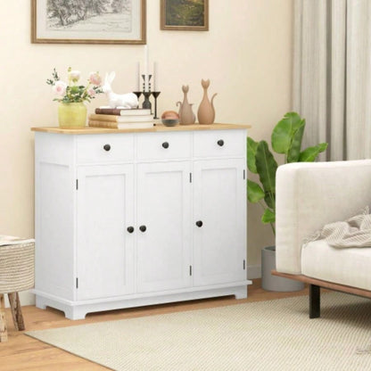HOMCOM Sideboard with Solid Wood Countertop, Modern Kitchen Storage Cabinet, Coffee Bar Cabinet with 3 Drawers, Doors and Adjustable Shelf, Distressed White