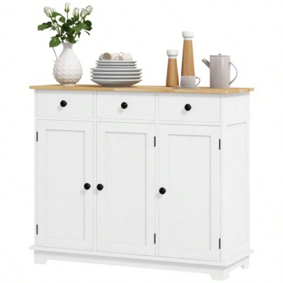 HOMCOM Sideboard with Solid Wood Countertop, Modern Kitchen Storage Cabinet, Coffee Bar Cabinet with 3 Drawers, Doors and Adjustable Shelf, Distressed White