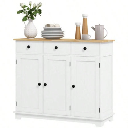 HOMCOM Sideboard with Solid Wood Countertop, Modern Kitchen Storage Cabinet, Coffee Bar Cabinet with 3 Drawers, Doors and Adjustable Shelf, Distressed White