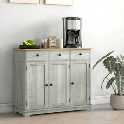 HOMCOM Sideboard with Solid Wood Countertop, Modern Kitchen Storage Cabinet, Coffee Bar Cabinet with 3 Drawers, Doors and Adjustable Shelf, Distressed Light Gray