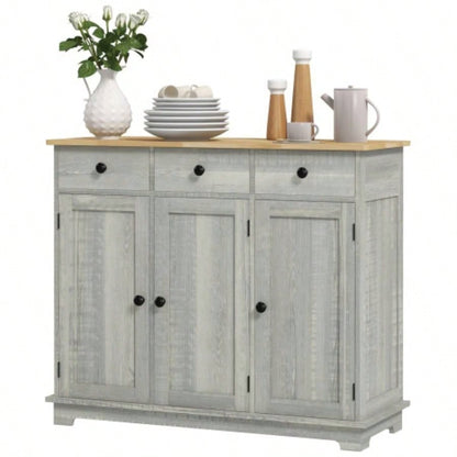 HOMCOM Sideboard with Solid Wood Countertop, Modern Kitchen Storage Cabinet, Coffee Bar Cabinet with 3 Drawers, Doors and Adjustable Shelf, Distressed Light Gray