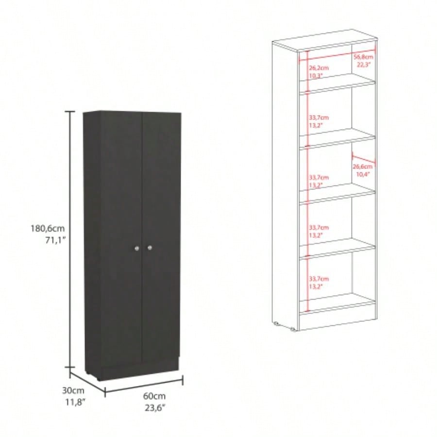 Multistorage Pantry Cabinet, Five Shelves, Double Door Cabinet - Black