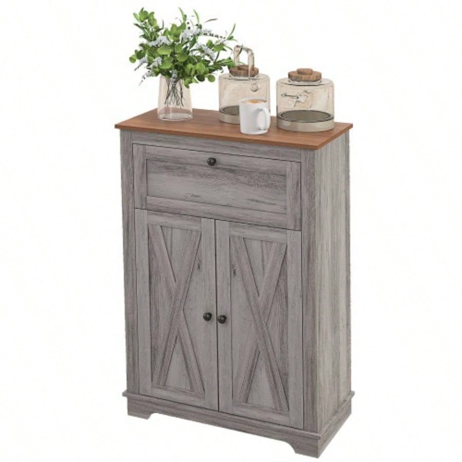 HOMCOM Farmhouse Barn Door Accent Cabinet, Kitchen Sideboard Storage Cabinet with Double Doors, Drawer, and Adjustable Shelf Bedroom, Living Room, Gray