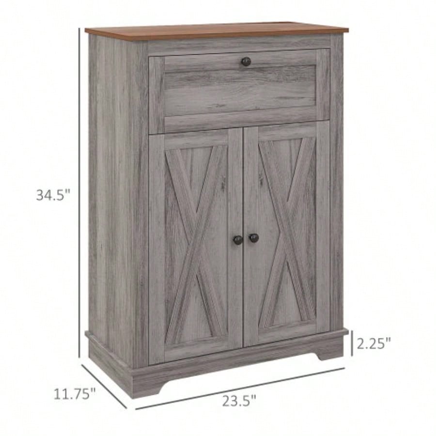 HOMCOM Farmhouse Barn Door Accent Cabinet, Kitchen Sideboard Storage Cabinet with Double Doors, Drawer, and Adjustable Shelf Bedroom, Living Room, Gray