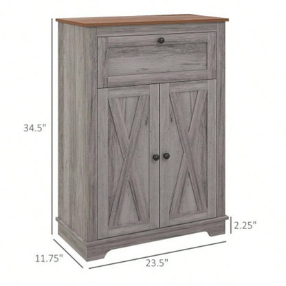 HOMCOM Farmhouse Barn Door Accent Cabinet, Kitchen Sideboard Storage Cabinet with Double Doors, Drawer, and Adjustable Shelf Bedroom, Living Room, Gray