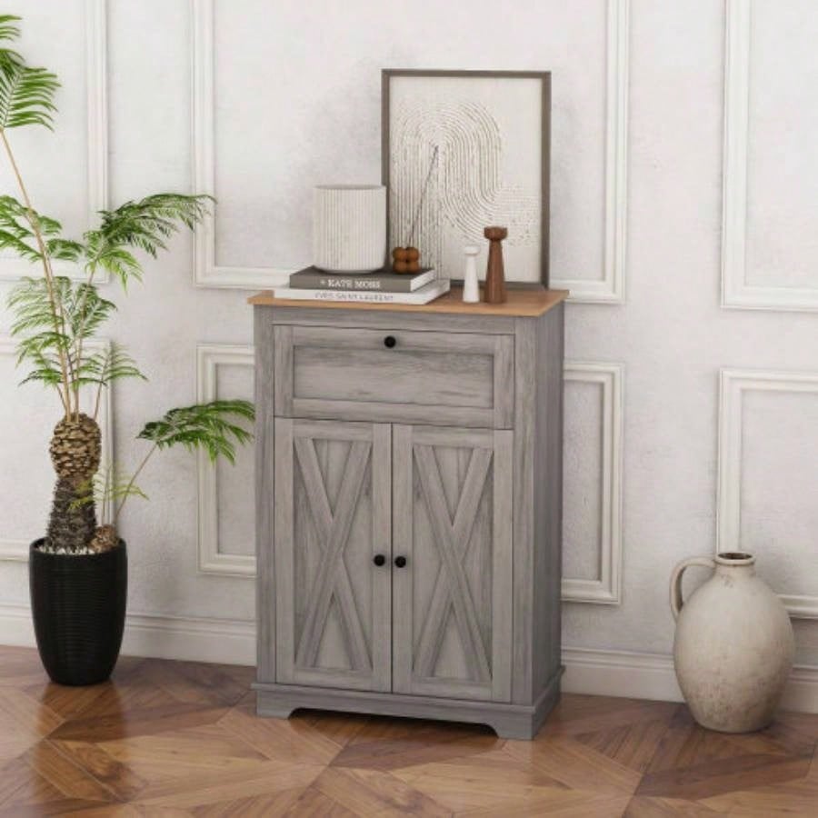 HOMCOM Farmhouse Barn Door Accent Cabinet, Kitchen Sideboard Storage Cabinet with Double Doors, Drawer, and Adjustable Shelf Bedroom, Living Room, Gray
