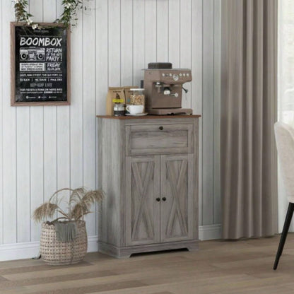 HOMCOM Farmhouse Barn Door Accent Cabinet, Kitchen Sideboard Storage Cabinet with Double Doors, Drawer, and Adjustable Shelf Bedroom, Living Room, Gray