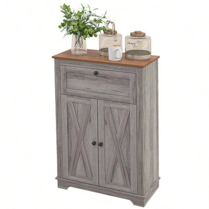 HOMCOM Farmhouse Barn Door Accent Cabinet, Kitchen Sideboard Storage Cabinet with Double Doors, Drawer, and Adjustable Shelf Bedroom, Living Room, Gray