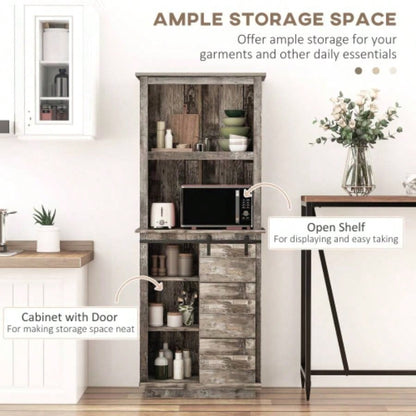 Freestanding Rustic Kitchen Buffet with Hutch, Pantry Storage Cabinet with Sliding Barn Door, Adjustable Shelf, Vintage Wood