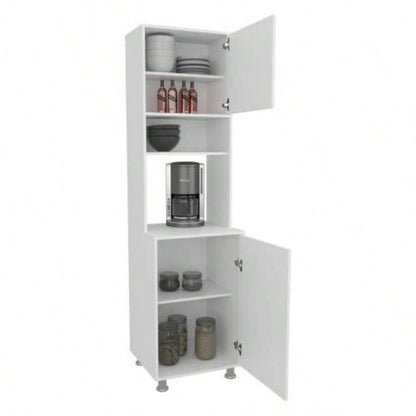 White Kitchen Pantry with Open Storage and 2 Doors