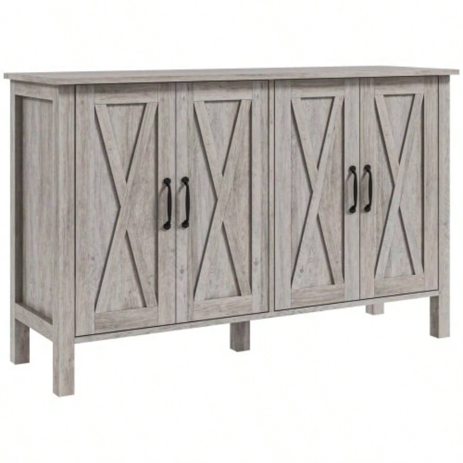 Buffet Cabinet, 47 Sideboard with 4 Barn Doors and 2 Adjustable Shelves, Farmhouse Coffee Bar Cabinet, Gray Wood Grain