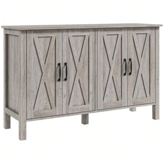 Buffet Cabinet, 47 Sideboard with 4 Barn Doors and 2 Adjustable Shelves, Farmhouse Coffee Bar Cabinet, Gray Wood Grain