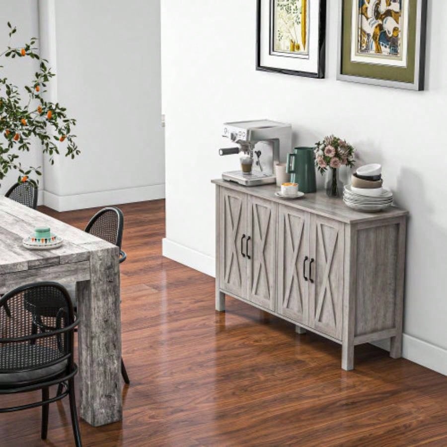 Buffet Cabinet, 47 Sideboard with 4 Barn Doors and 2 Adjustable Shelves, Farmhouse Coffee Bar Cabinet, Gray Wood Grain