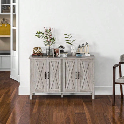 Buffet Cabinet, 47 Sideboard with 4 Barn Doors and 2 Adjustable Shelves, Farmhouse Coffee Bar Cabinet, Gray Wood Grain