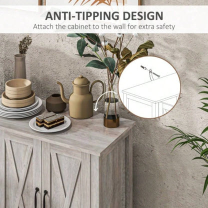 Buffet Cabinet, 47 Sideboard with 4 Barn Doors and 2 Adjustable Shelves, Farmhouse Coffee Bar Cabinet, Gray Wood Grain