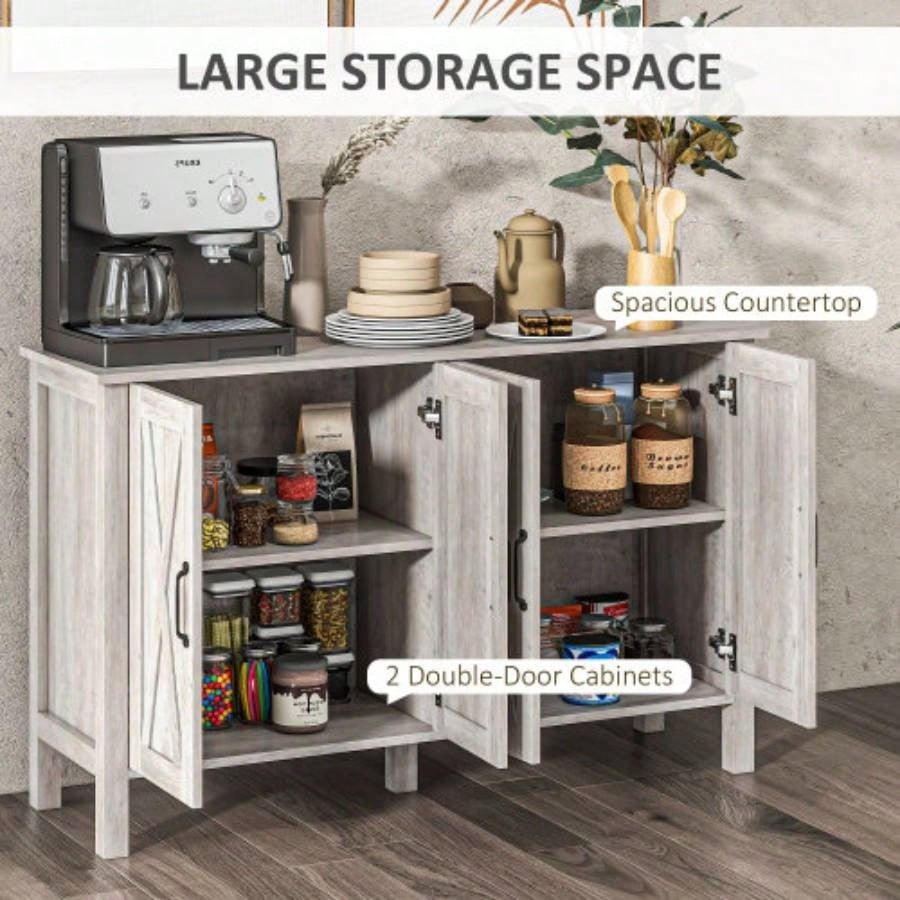 Buffet Cabinet, 47 Sideboard with 4 Barn Doors and 2 Adjustable Shelves, Farmhouse Coffee Bar Cabinet, Gray Wood Grain