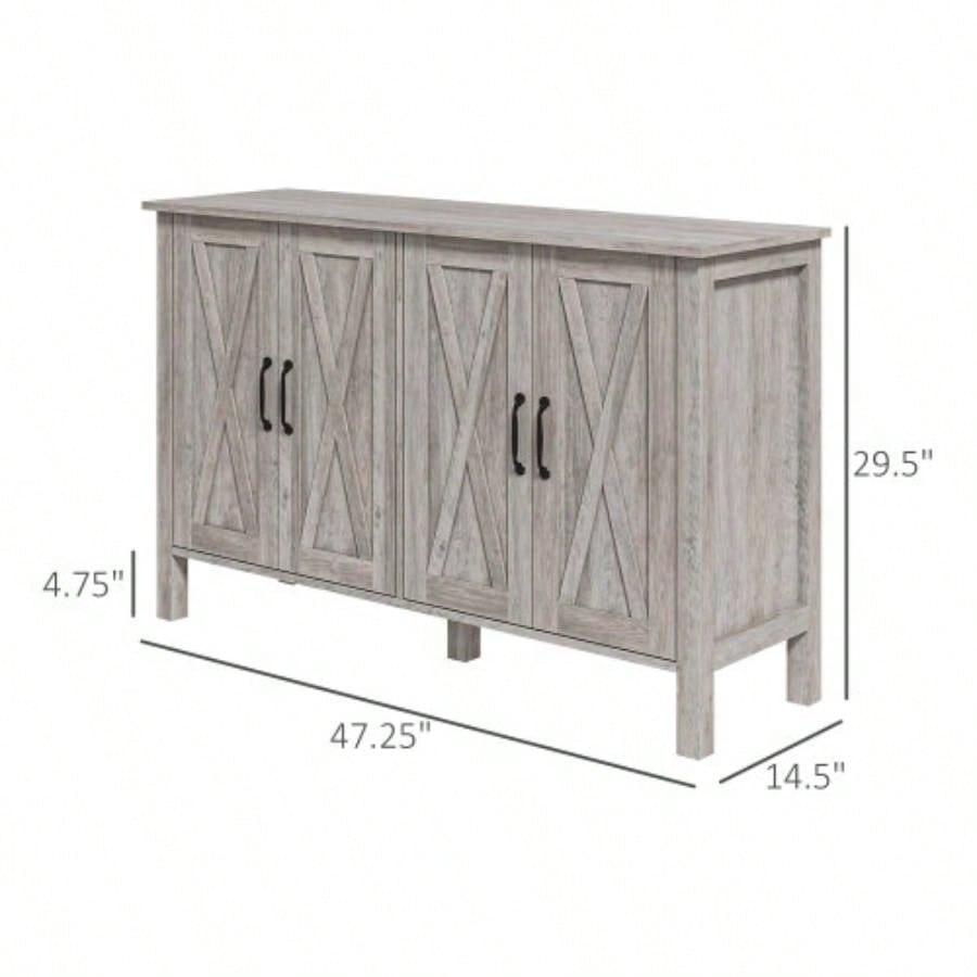 Buffet Cabinet, 47 Sideboard with 4 Barn Doors and 2 Adjustable Shelves, Farmhouse Coffee Bar Cabinet, Gray Wood Grain