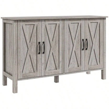 Buffet Cabinet, 47 Sideboard with 4 Barn Doors and 2 Adjustable Shelves, Farmhouse Coffee Bar Cabinet, Gray Wood Grain