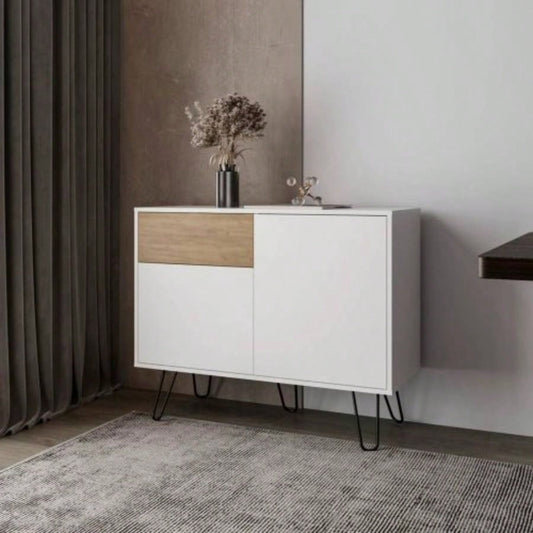 White and Natural Oak Sideboard with Hairpin
