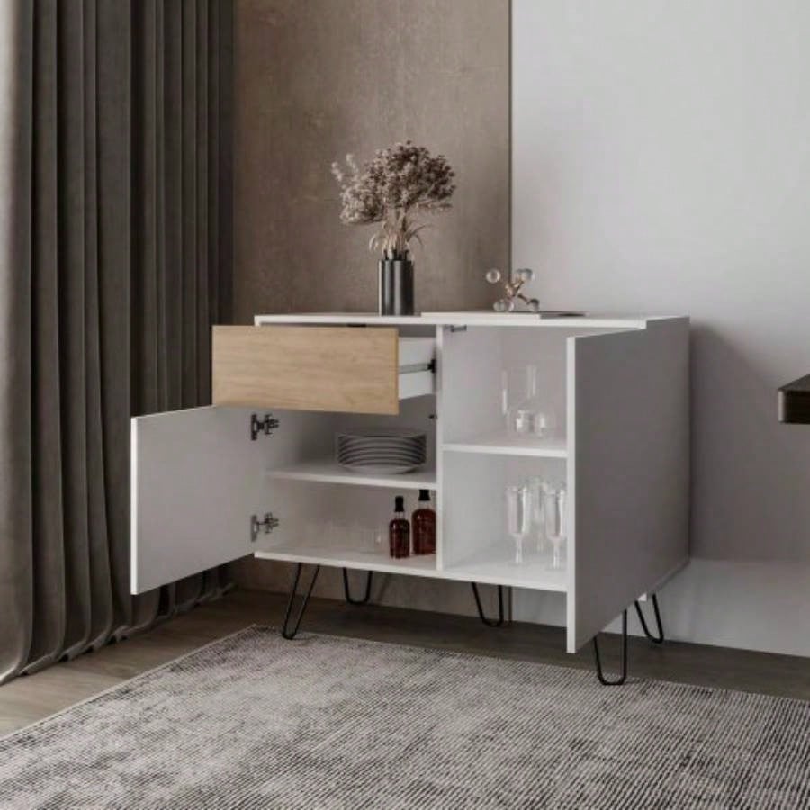 White and Natural Oak Sideboard with Hairpin