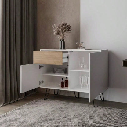 White and Natural Oak Sideboard with Hairpin