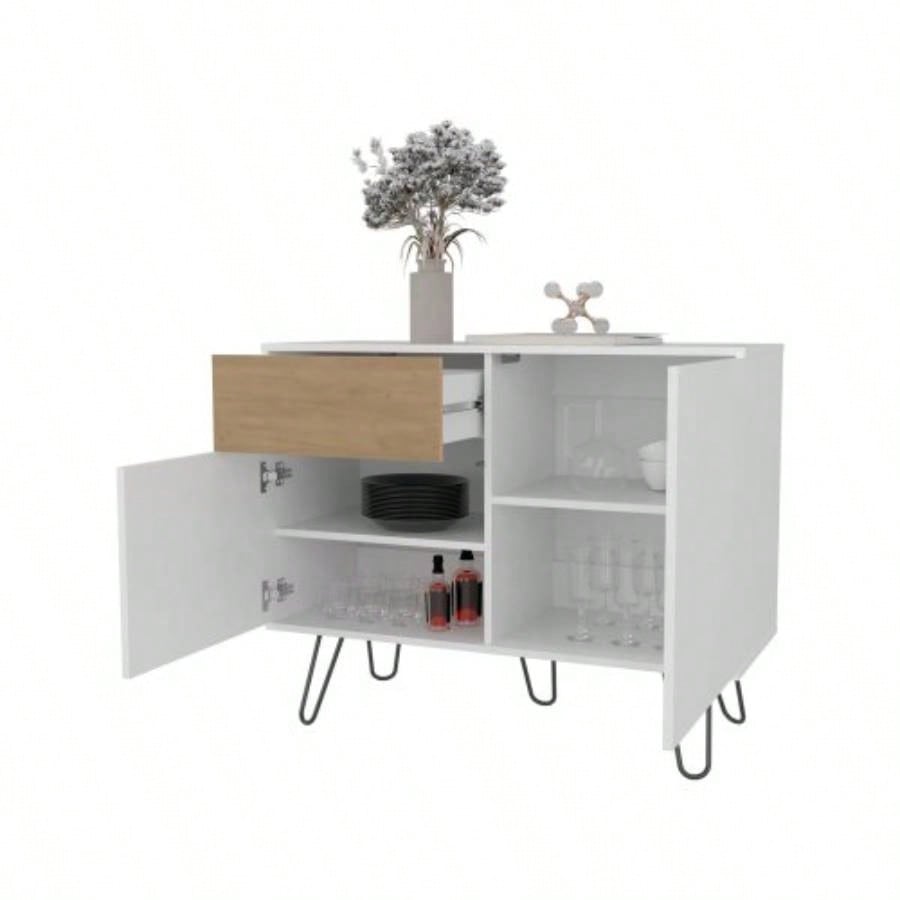 White and Natural Oak Sideboard with Hairpin