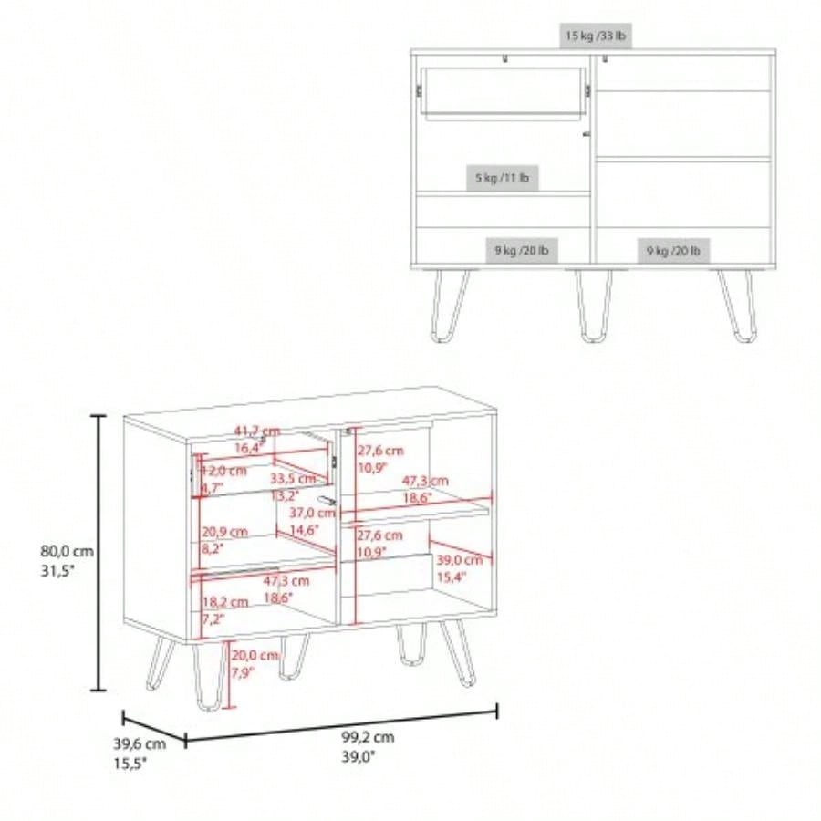 White and Natural Oak Sideboard with Hairpin
