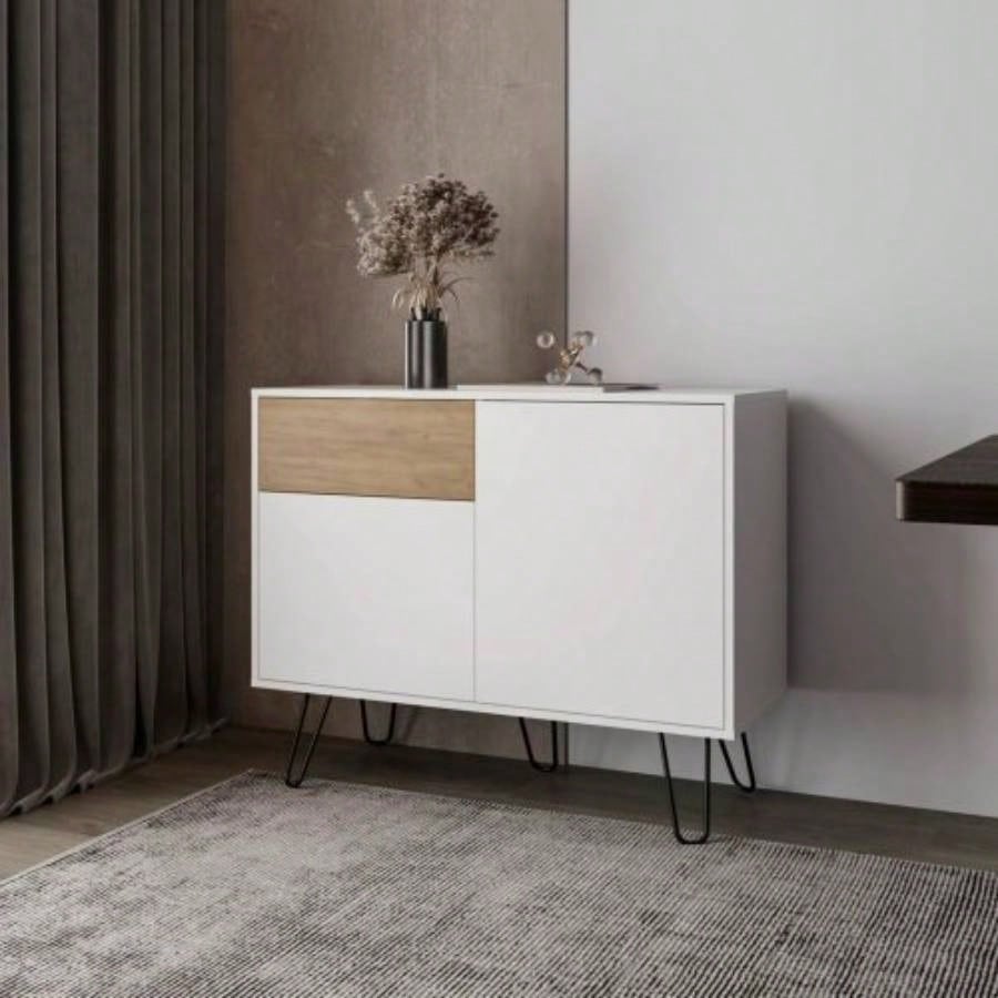 White and Natural Oak Sideboard with Hairpin