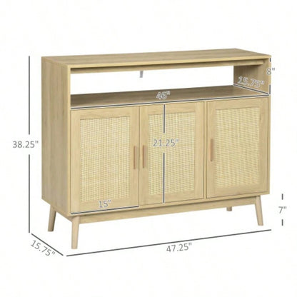 HOMCOM Boho Sideboard Buffet Cabinet with Rattan Doors, Natural