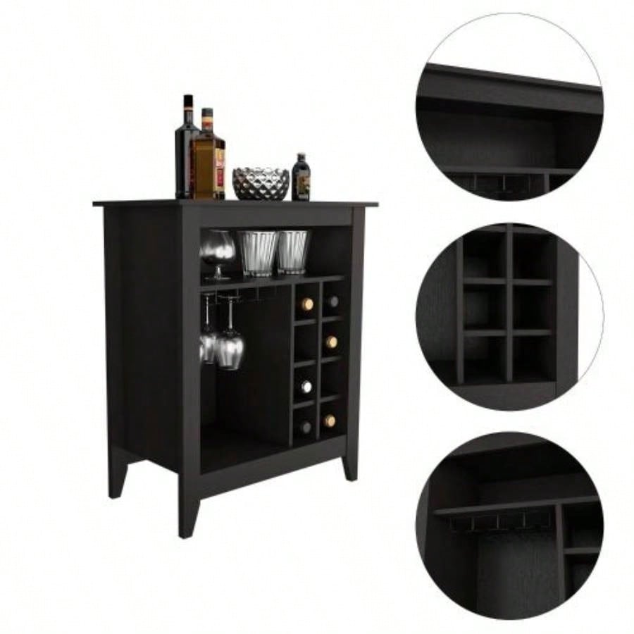 Essential Bar Cabinet, One Open Shelf, Six Built - in Wine Rack, One Drawer - Black