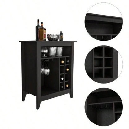 Essential Bar Cabinet, One Open Shelf, Six Built - in Wine Rack, One Drawer - Black