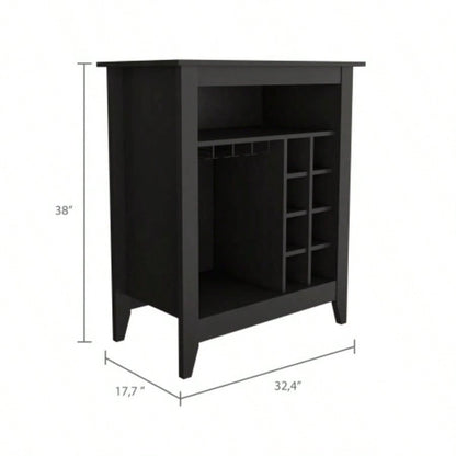 Essential Bar Cabinet, One Open Shelf, Six Built - in Wine Rack, One Drawer - Black