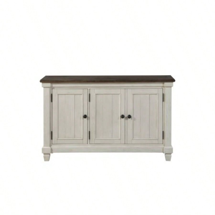 Antique White 1pc Server with Rosy Brown Top 2 Storage Cabinets Adjustable Shelves Wooden Dining Kitchen Furniture