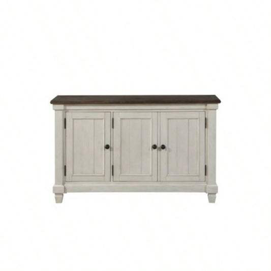 Antique White 1pc Server with Rosy Brown Top 2 Storage Cabinets Adjustable Shelves Wooden Dining Kitchen Furniture