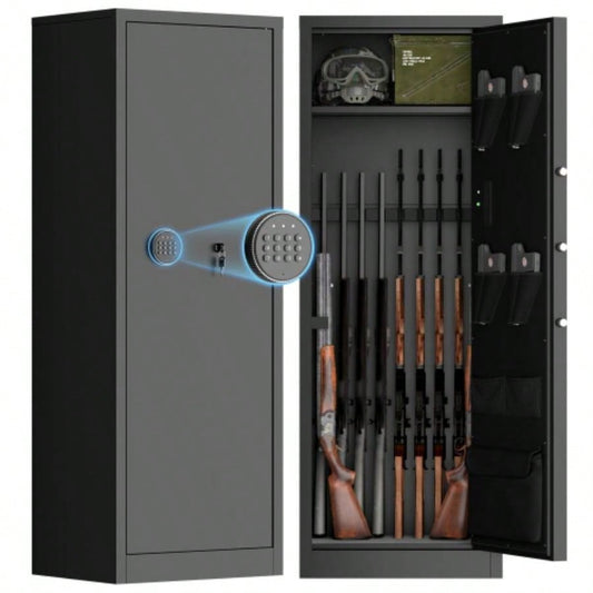 Steel Large Fireproof and Waterproof Gun Safe, Supporting Classified Storage of Multiple Types of Firearms, Equipped with Pistol Pouches, a Programmable Keypad, Dual Backup Keys and a Alarm System.