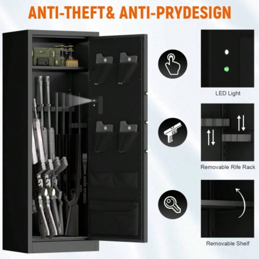 Steel Large Fireproof and Waterproof Gun Safe, Supporting Classified Storage of Multiple Types of Firearms, Equipped with Pistol Pouches, a Programmable Keypad, Dual Backup Keys and a Alarm System.