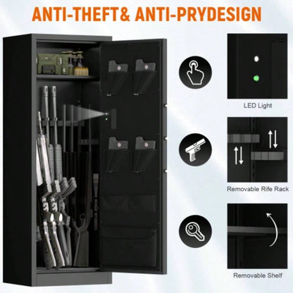 Steel Large Fireproof and Waterproof Gun Safe, Supporting Classified Storage of Multiple Types of Firearms, Equipped with Pistol Pouches, a Programmable Keypad, Dual Backup Keys and a Alarm System.