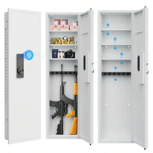 53 Fingerprint Panel In - Wall Safe, Hidden Wall Gun Safe Rifles with Adjustable Shelves, Assembled Storage Multifunctional Wall Safe and Valuables White - Fingerprint