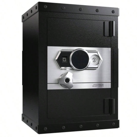 Three - lock safe, measuring 24.4 16.5 14.9 suitable home and office use, large steel digital safe equipped with a digital lock.
