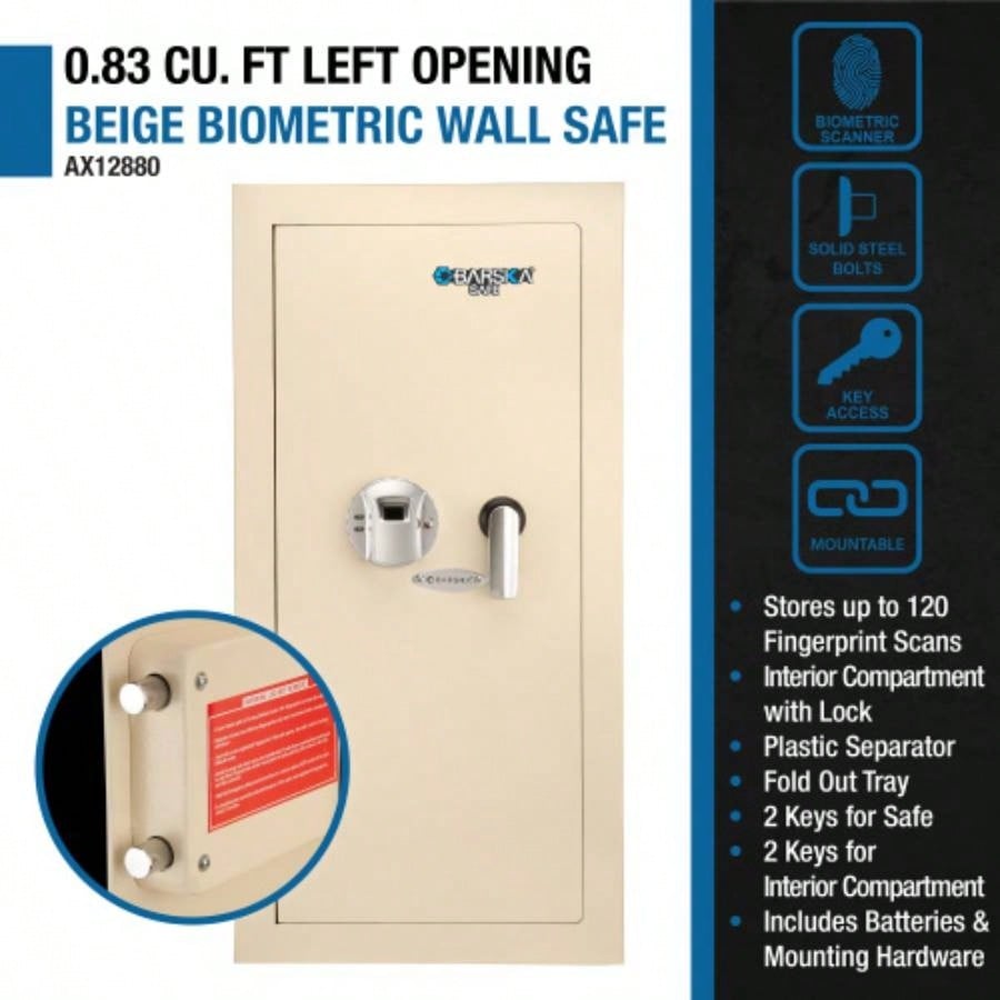 0.82 CUBIC FT LEFT OPEN BEIGE BIOMETRIC WALL SAFE
