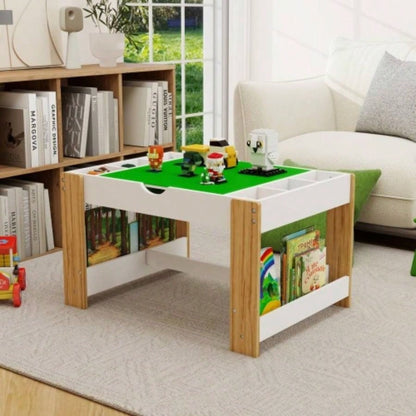 Kids 2 in 1 Table with Storage Compartments, Compatible with Building Block, Modern Activity Learning Table Game Furniture - White