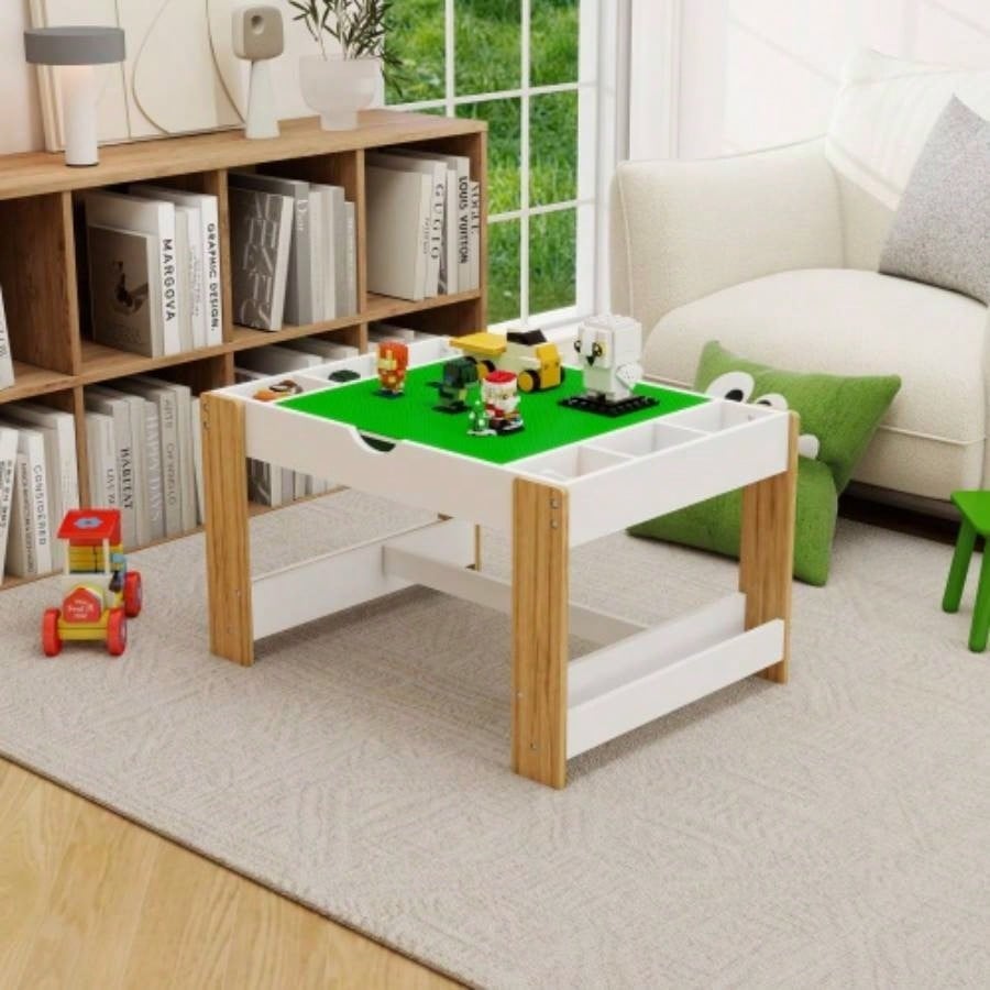 Kids 2 in 1 Table with Storage Compartments, Compatible with Building Block, Modern Activity Learning Table Game Furniture - White
