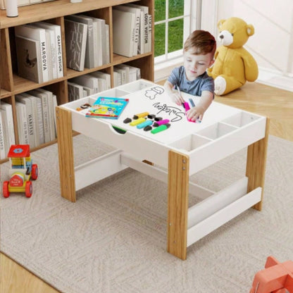 Kids 2 in 1 Table with Storage Compartments, Compatible with Building Block, Modern Activity Learning Table Game Furniture - White