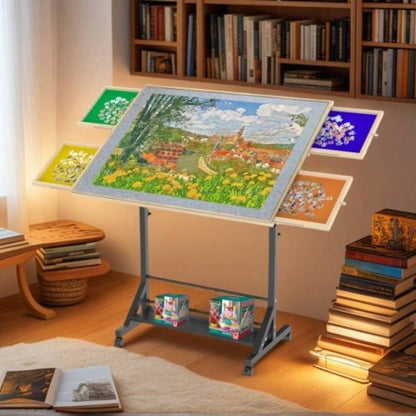 Wooden 1500 Piece Puzzle Table with Drawer, 3527.17 Adjustable Puzzle Table, 360 Tilting Puzzle Table with and Wheels, Adjustable Height and Angle, with Protective Cover BACK TO SCHOOL