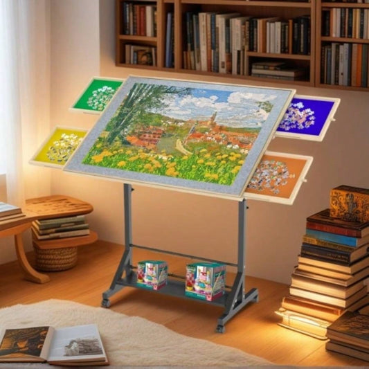 Wooden 1500 Piece Puzzle Table with Drawer, 3527.17 Adjustable Puzzle Table, 360 Tilting Puzzle Table with and Wheels, Adjustable Height and Angle, with Protective Cover BACK TO SCHOOL