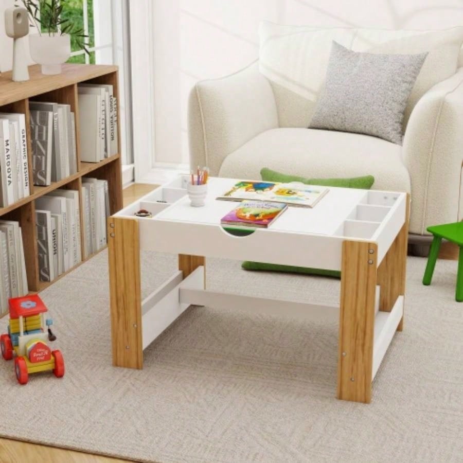 Kids 2 in 1 Table with Storage Compartments, Compatible with Building Block, Modern Activity Learning Table Game Furniture - White